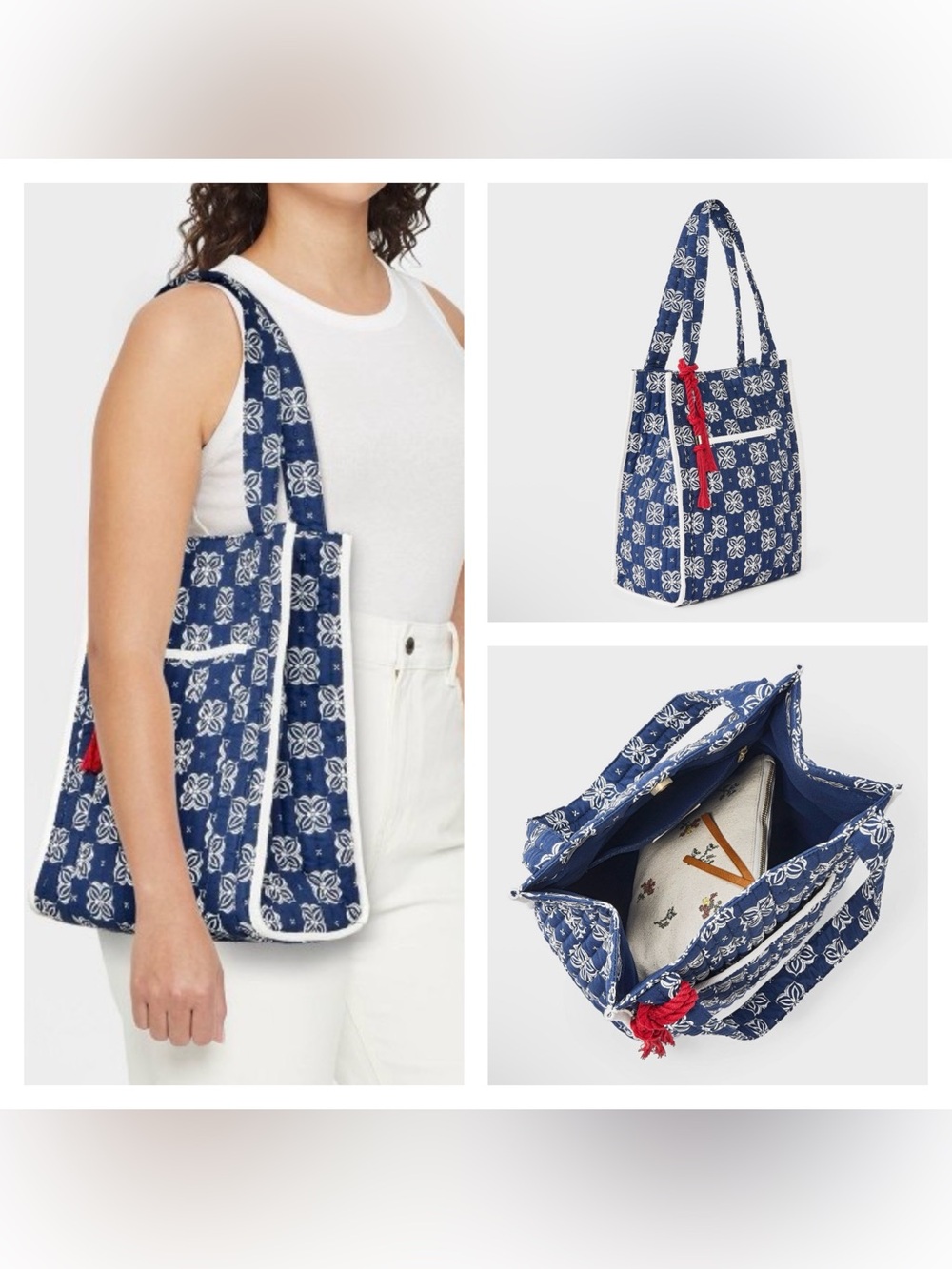 Floral Print Quilted Tote Bag with Tassel Universal Thread™ Navy Blue